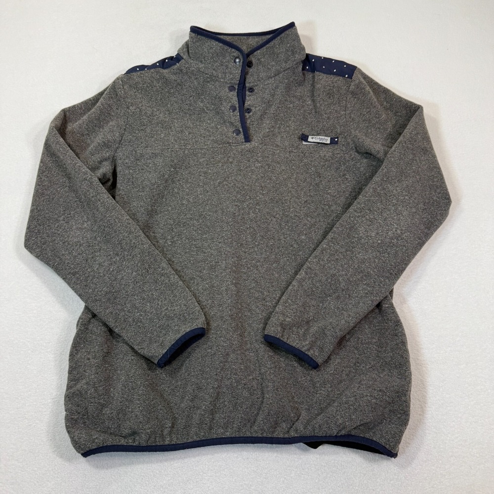 Columbia PFG Sweatshirt Women XL Gray Fleece Pullover Navy White Polka Dot Trim‎